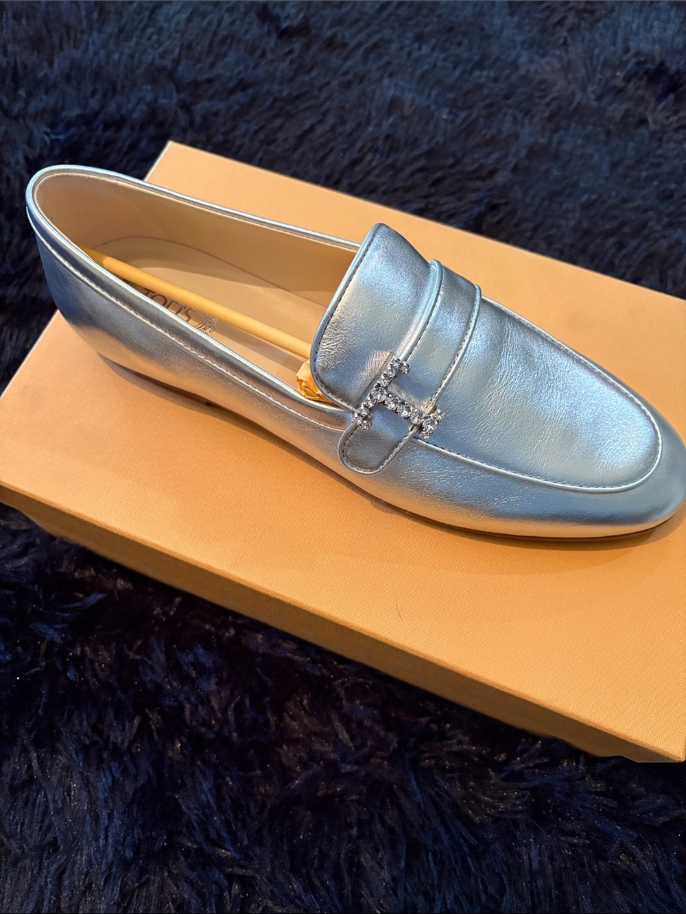 Tod's Metallic silver Leather Loafers with Crystal Buckle